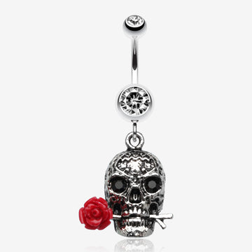 Skull Rose Beauty Belly Ring-Clear Gem